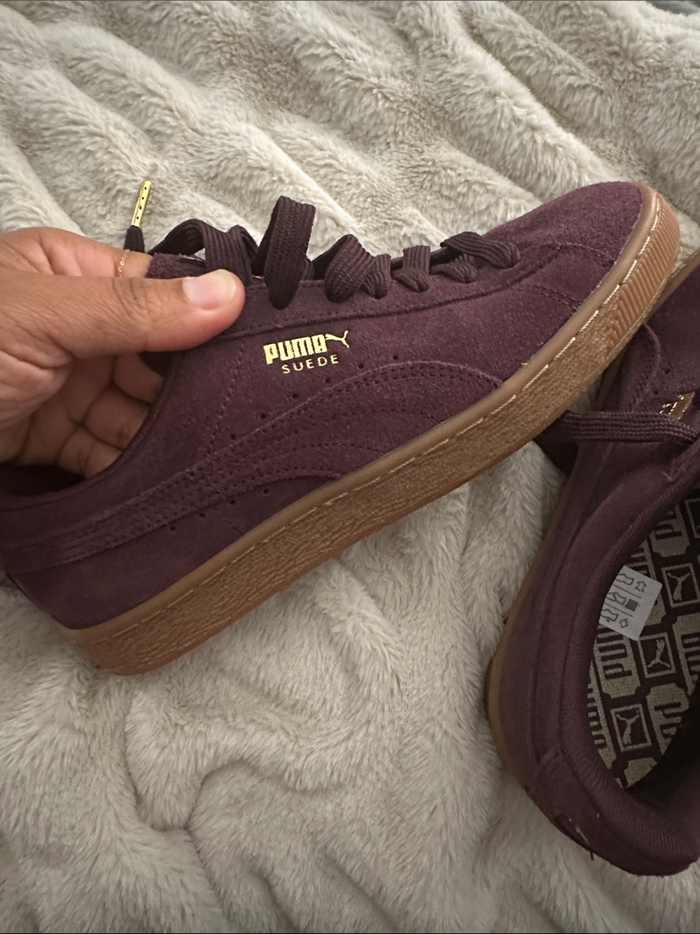 Puma Suede Classic Sneakers in Deep Burgundy with Gold Accents - Picture 5 of 5
